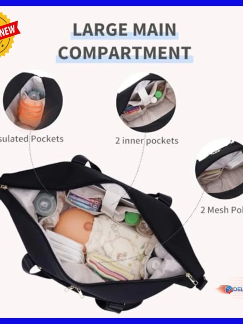 Large Neoprene Diaper Bag Tote with 16 Pockets Waterproof Travel Bag